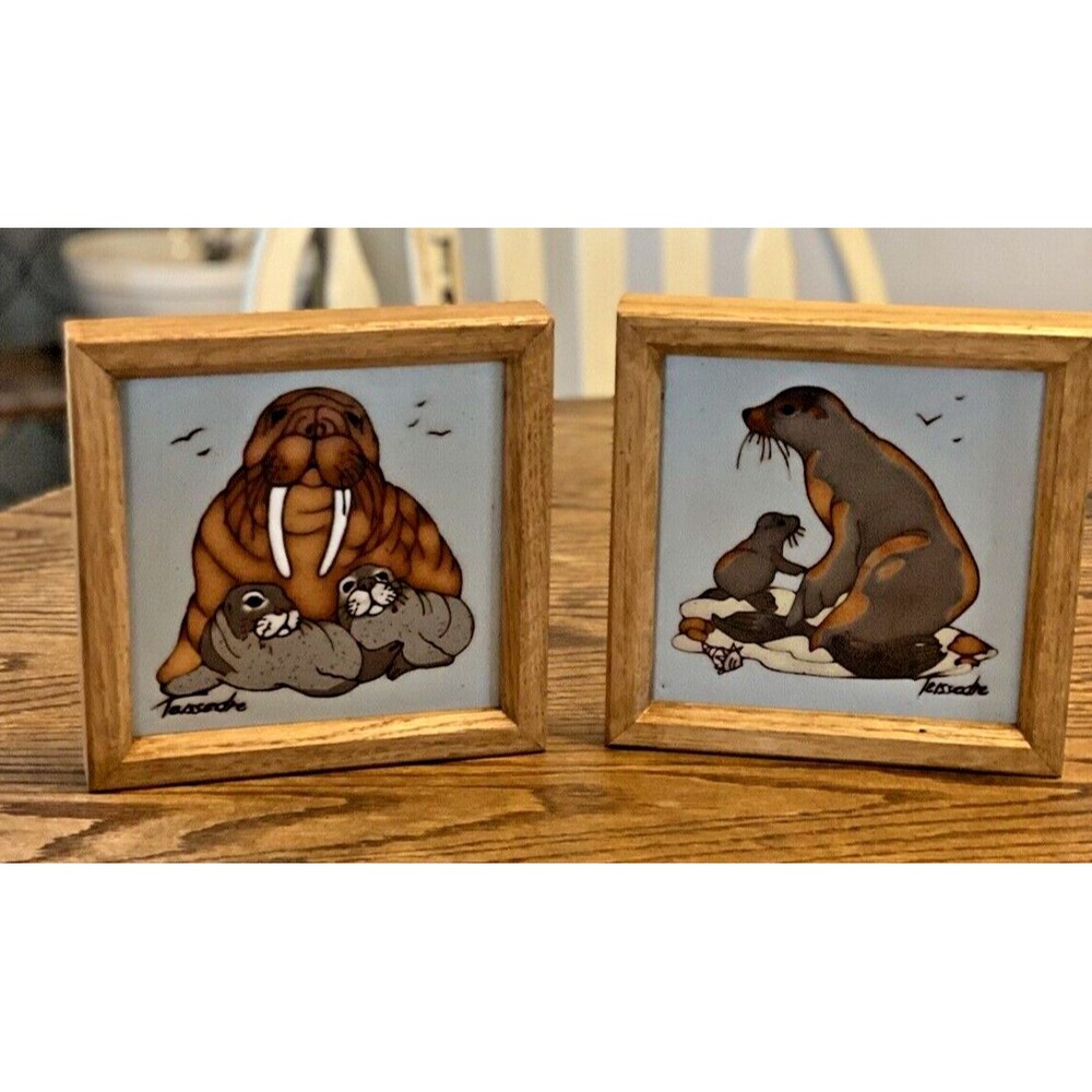 Vintage Cleo Teissedre Ceramic Tile Trivet Wall Hanging Seals & Walrus Set of 2